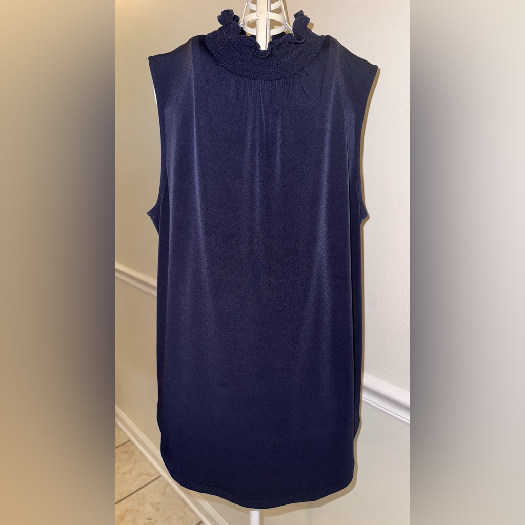 Ann Taylor Mock Neck Sleeveless Blouse Navy Ruffle Collar Medium